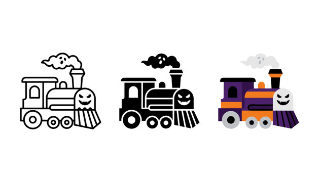 Set of halloween ghost train icons in outline, solid and colored styles