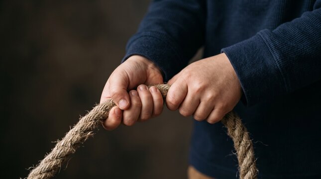 Child hands pulling a thick jute rope, close up of a kid playing tug of war game.