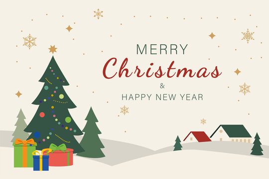 Flat Christmas and New Year greeting card with a Christmas tree, colorful ornaments, gifts, snowflakes and a charming winter village on a warm cream background.