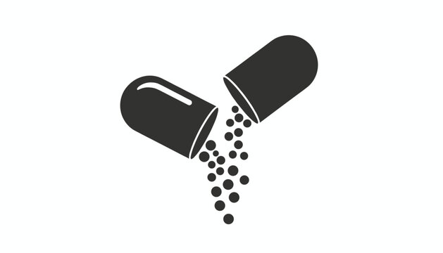 Black silhouette of a medical capsule pill split open with small granules pouring out represents healthcare and science.