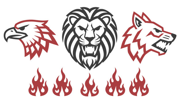 Mascot logos of an eagle, roaring lion, and snarling wolf with flame icons below symbolize strength, team spirit, and power.
