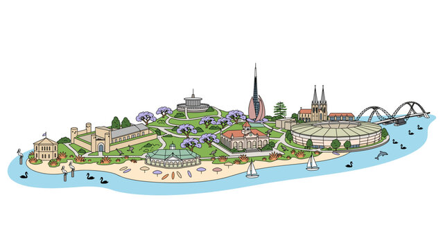 Perth skyline and landmarks illustrated map with Swan River Western Australia vector
