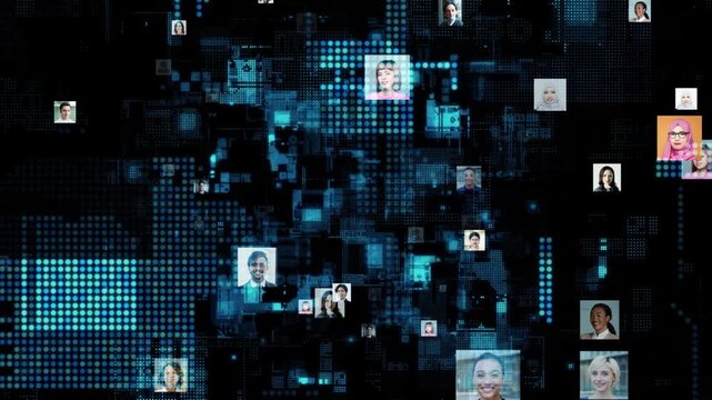 サイバースペースと多国籍の人々。人材、個人情報、DX、SNS、データ、セキュリティ、未来、グローバル