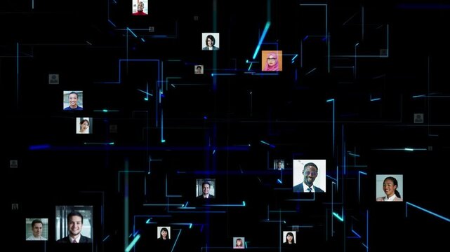 サイバースペースと多国籍の人々。DX、SNS、テクノロジー、グローバル、人材、ビジネス、システム