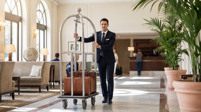 A handsome male hotel administrator confidently walks across the spacious lobby carrying a silver luggage cart. He ensures all VIP visitors receive top premium services.