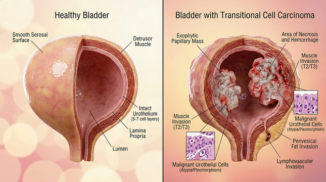 Healthy Bladder Versus Transitional Cell Carcinoma Papillary Mass and Muscle Invasion