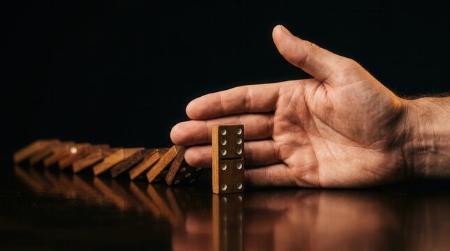 Strategic intervention by a hand preventing a chain reaction failure of falling dominoes.