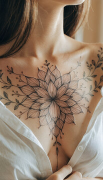Close Up Of A Full Chest Fine Line Floral Mandala Tattoo On A Woman, Symmetrical Black Ink Lotus Flower And Botanical Vine Body Art Design Reference Covering The Entire Chest And Collarbone