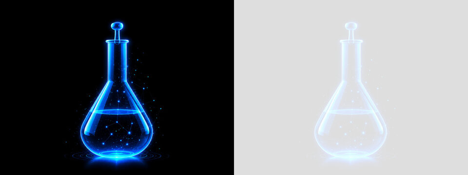 透明背景の青い発光フラスコが左右に並ぶ科学イメージのPNG、ネオン、ホログラム、グロー、光彩、実験器具、化学、研究、実験、ガラス、未来感、シンメトリー、反射、輝き、粒子を伴うデジタルイラスト素材.