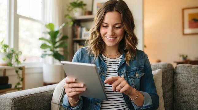 Stylish woman using silver iPad with Apple logo Sep 21th 2020 : A holding