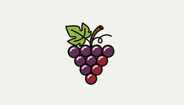 Ripe bunch of purple and red grapes hanging on vine with green leaf, drawn in flat vector style with bold outlines.
