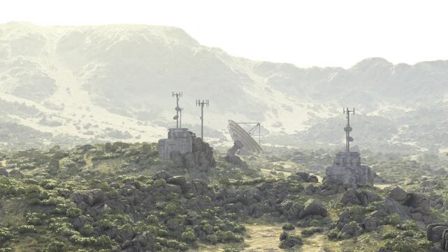 Remote hillside outpost with satellite dishes, scattered antennas and weathered equipment among low vegetation, pale light and wide vista convey science
