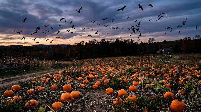 Flock of bats flies over pumpkin patch at dusk during autumn harvest season