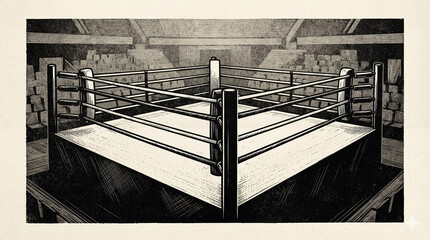 Obraz premium Boxing ring, black and white drawing, sports arena, competition and fighting, vintage style with frame