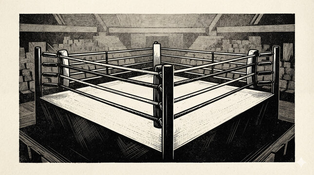Boxing ring, black and white drawing, sports arena, competition and fighting, vintage style with frame