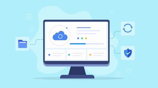 Modern flat vector animation of a desktop monitor displaying a cloud management dashboard with cloud storage, synchronization, file, and security shield icons.