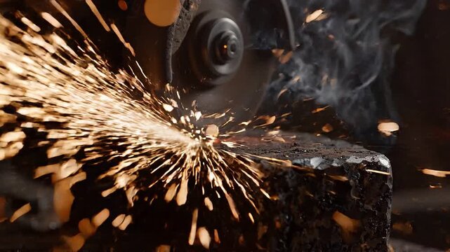 Closeup of an abrasive wheel grinding heated steel on an anvil, producing sparks and smoke during metalworking and fabrication