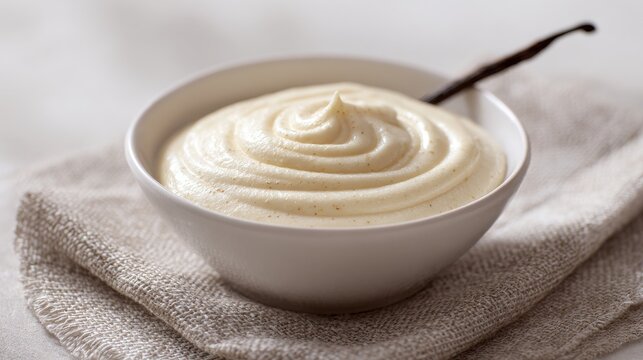 Creamy Homemade Vanilla Custard in Bowl with Vanilla Bean
