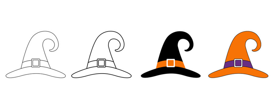 Cute witch hat icons in different styles and colors for halloween party graphic design isolated on transparent background.