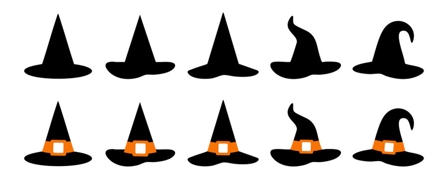 Black witch hat silhouettes and buckled wizard headgear icons for spooky holiday graphics isolated on transparent background.