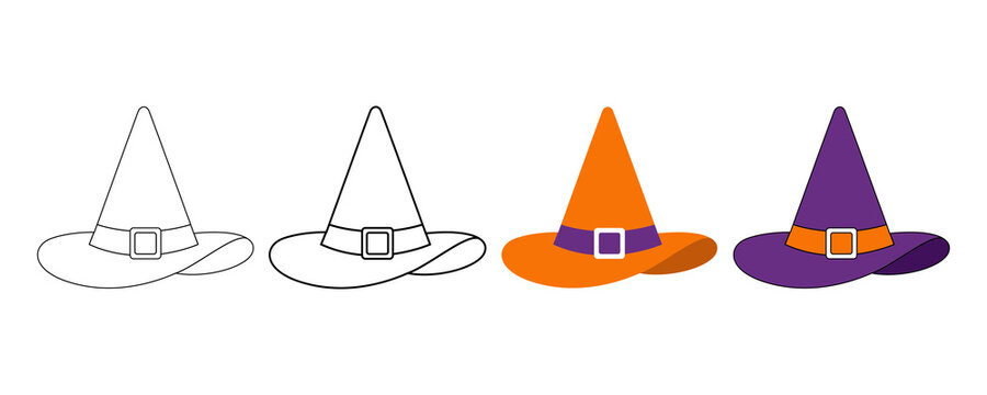 Pointy witch hat set in orange and purple tones for halloween party themed decoration isolated on transparent background.