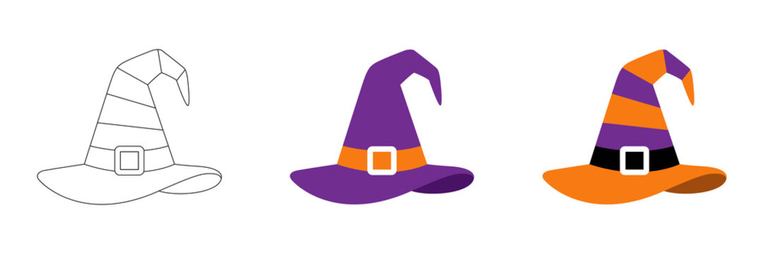 Detailed witch hat illustrations in line art purple and striped patterns for halloween isolated on transparent background.