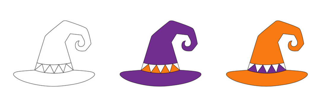 Three halloween witch hats illustration a black outline, purple, and orange spooky wizard hats isolated on transparent background.