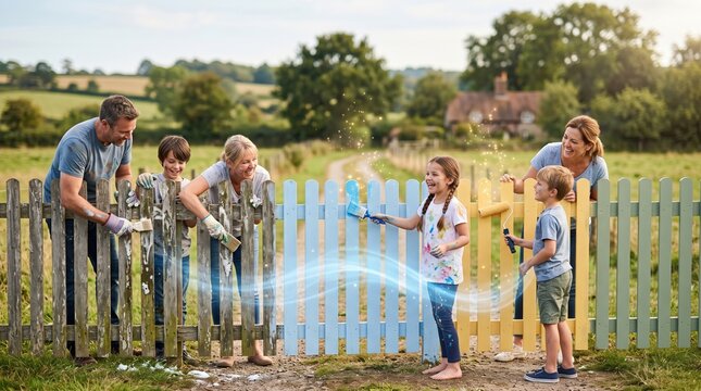 Happy family with children painting and cleaning old wooden fence in colorful pastel colors at home garden for renovation concept.