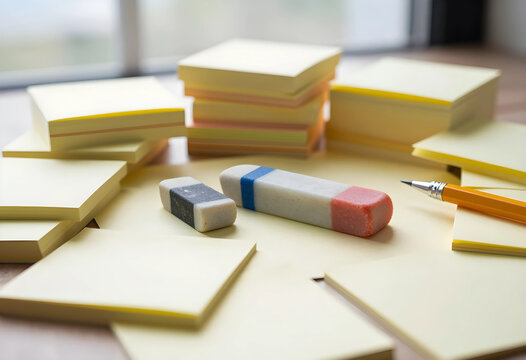 Problem solving and error correction, erasers and pencil on yellow sticky notes for brainstorming and planning