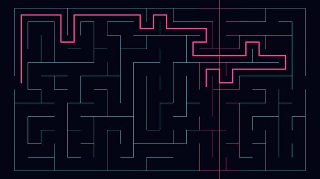 Glowing pink line solves an intricate neon maze across a dark background, advancing through winding paths