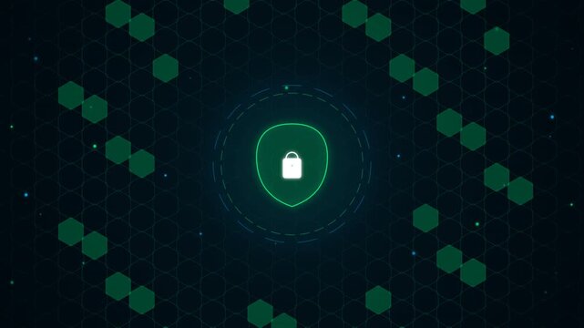 Cyber Security Network Shield Motion Loop with Hexagonal Firewall Grid and Central Copy Space