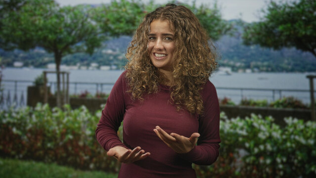 Woman with curly hair rubbing her wrist and wincing, hands clasped in front by a lakeside street railing with trees and grass; unease reflection.