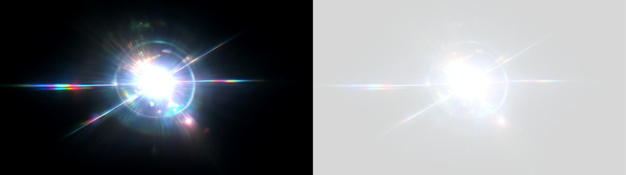 Bright lens flare light effect with anamorphic rainbow streak. Optical sun flare burst on transparent background. Glowing light glare overlay element