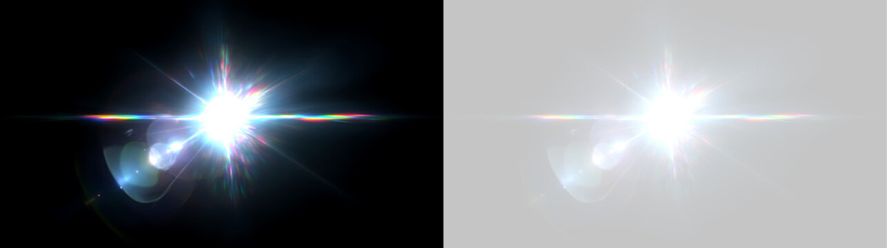 Anamorphic lens flare with horizontal rainbow streak and lens glare artifacts. Isolated light burst effect on black and transparent background