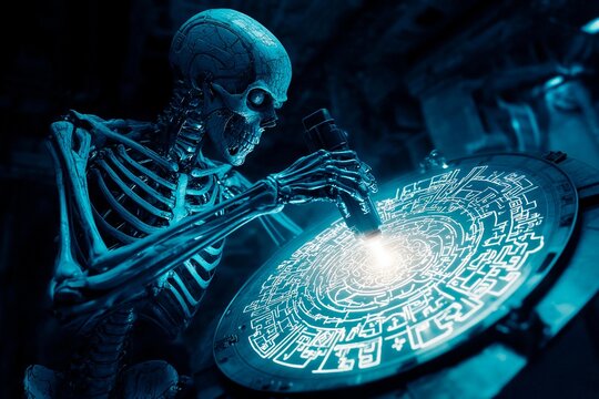 Cybernetic skeleton engraving symbols onto metal in a dimly lit workshop