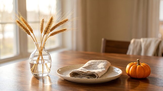 Autumn Decor Setup With Wheat And Pumpkin