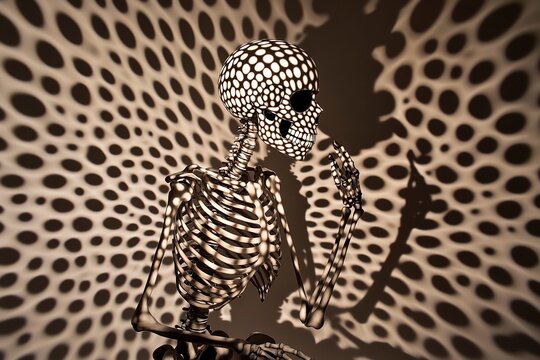 Skeleton creates light patterns on wall, showcasing artistic design in action