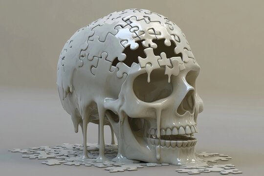 Melting puzzle skull with dripping pieces resembling flowing water