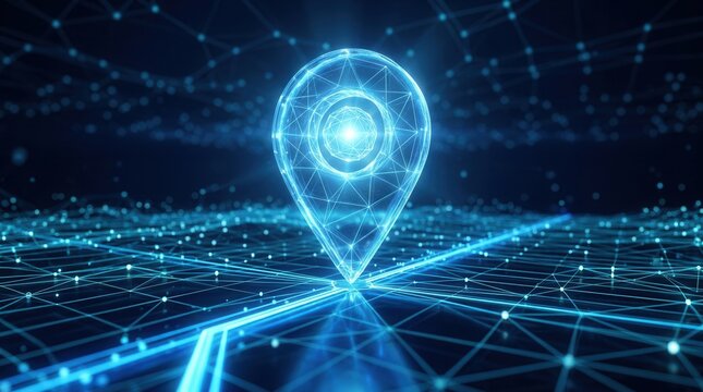 Virtual GPS navigation icon with a blue glowing map pin on a cyber network.