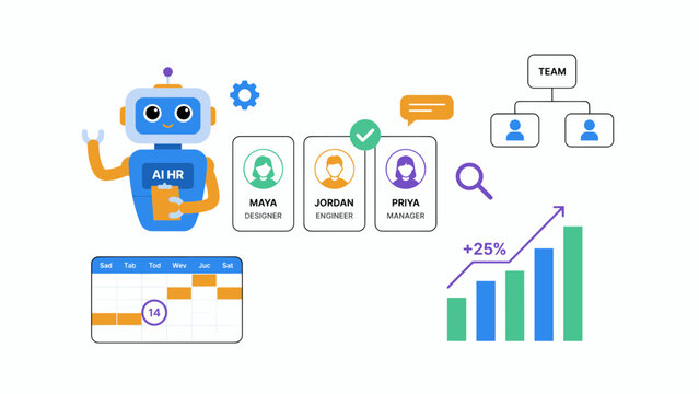 AI HR robot assistant managing human resources, recruitment automation vector, business team management and data analytics dashboard
