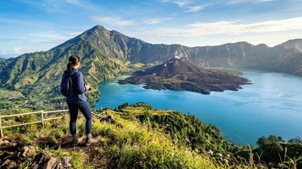 Fototapeta premium Person Overlooking Volcanic Crater Lake Surrounded by Green Hills and Mountains