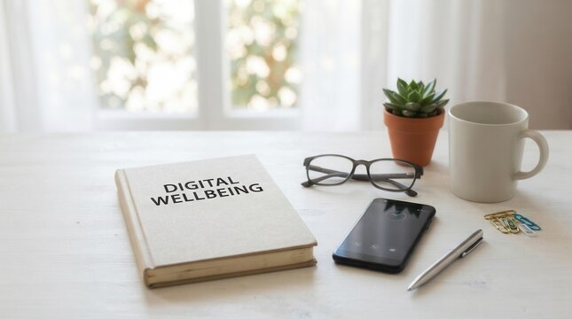 White desk with 'DIGITAL WELLBEING' notebook, glasses, smartphone, Digital wellbeing concept representing mindful technology use screen