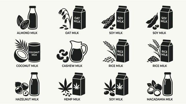 Collection of plant based milk icons with corresponding ingredients black on white