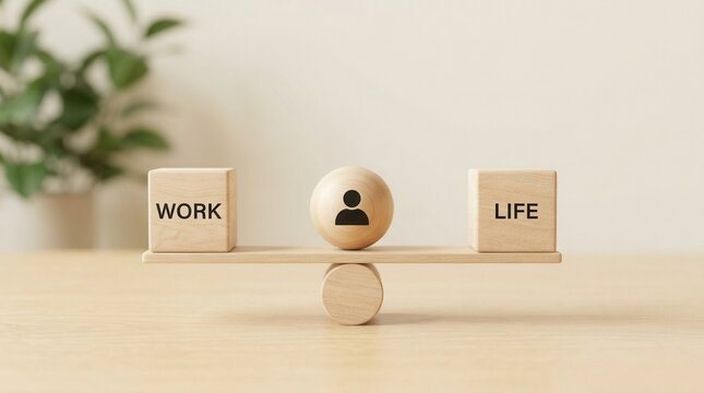 Wooden blocks labeled work and life balanced on a scale with a human figure.