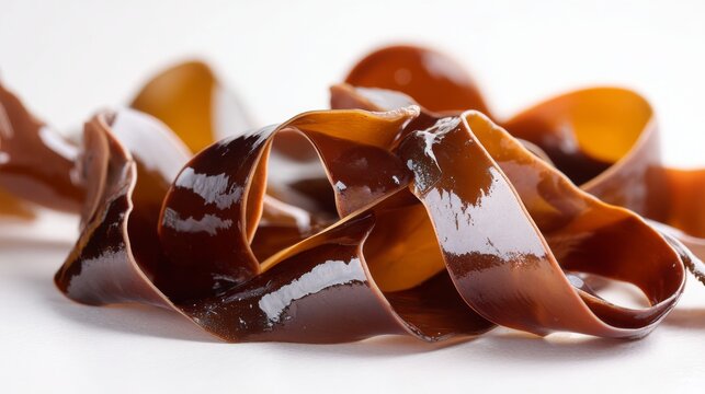 Glossy Brown Kelp Seaweed Ribbons Isolated on Clean White Background