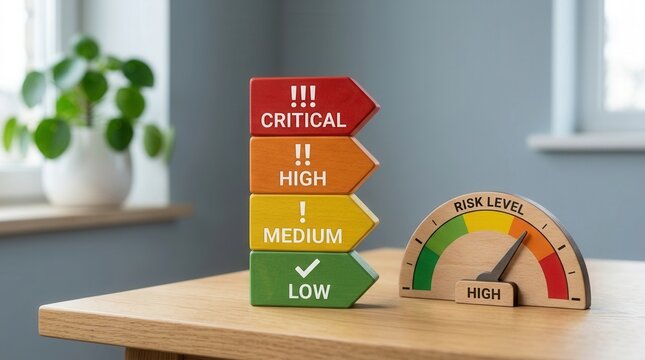 Wooden indicator arrows showing risk levels from critical to low for compliance evaluation.