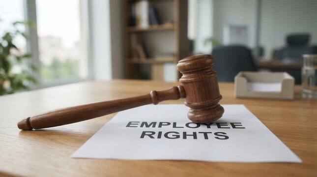 Wooden gavel on paper with 'Employee Rights' text Employee rights legal document desk