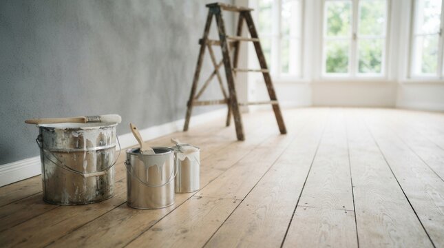 Wooden Floor and Decorative Ladder in Bright Room Paint cans brushes