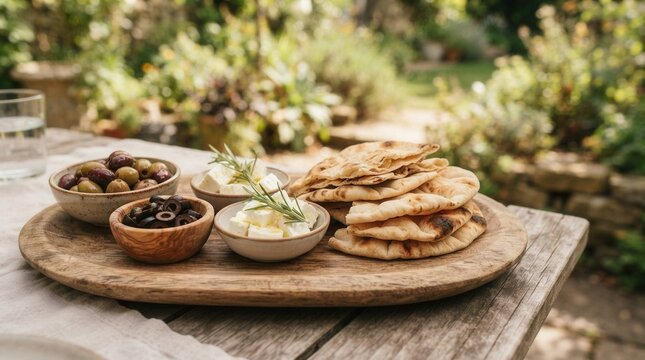 Wooden Platter Featuring Olives, Feta Cheese, Pita Bread, Delicious Mediterranean appetizers