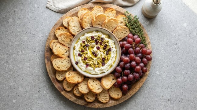 Wooden platter with creamy dip, garnished pistachios Gourmet Mediterranean Whipped Feta Dip Olive Oil